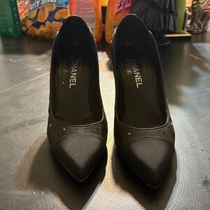 CHANEL Black Heels with tiny Chanel logo thru out